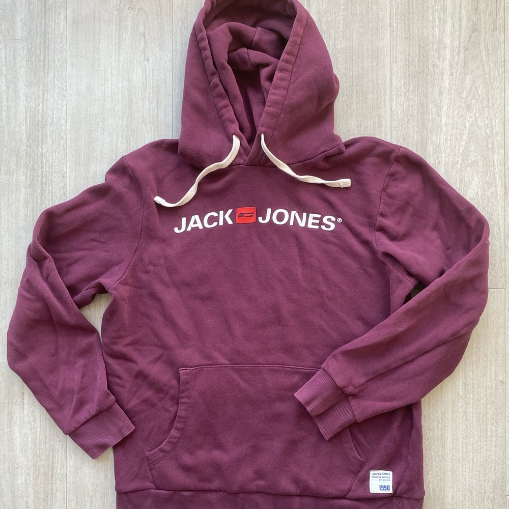 Jack & Jones Hoodie Men’s Small Size Burgundy Pullover Sweatshirt Logo Graphic